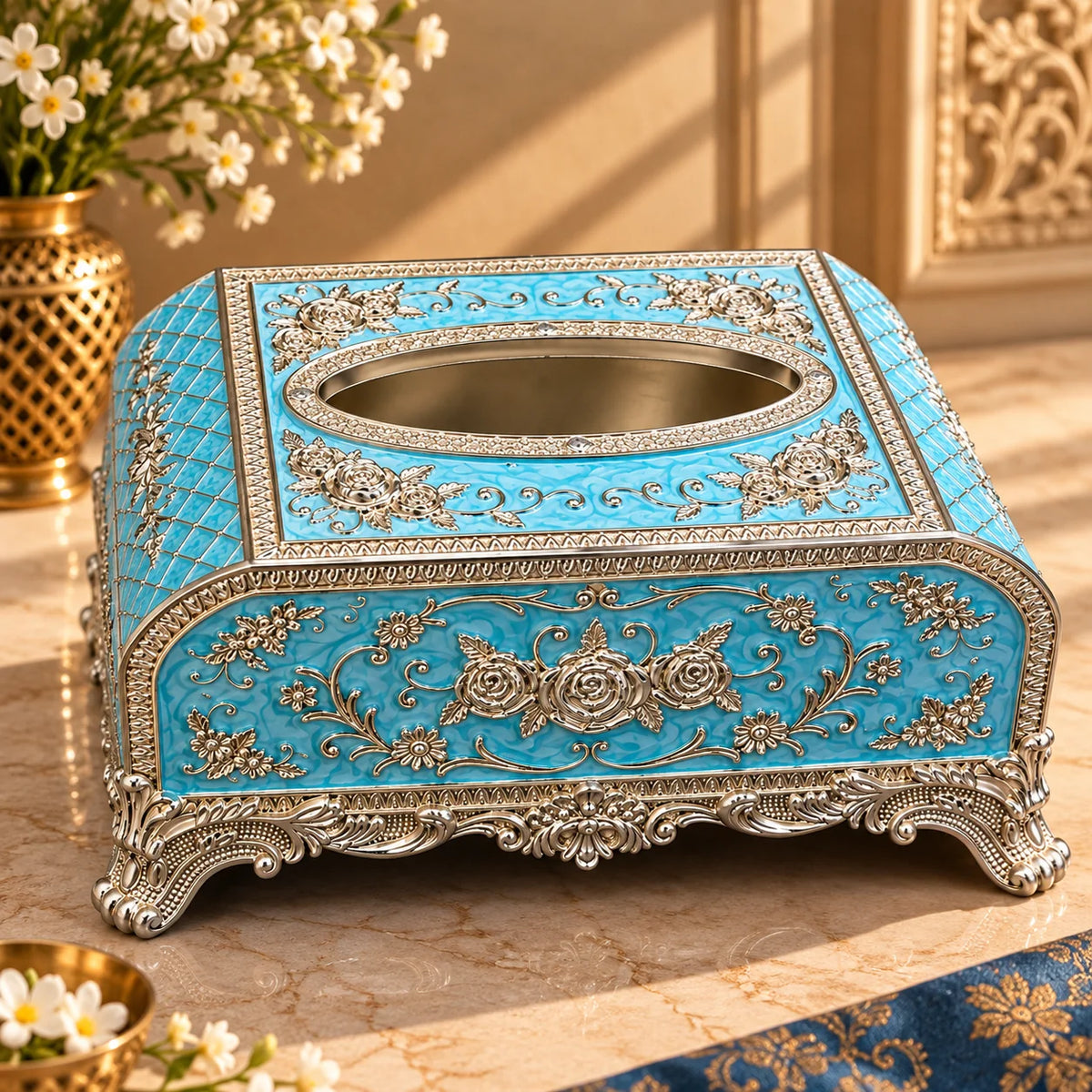Blue Floral Embossed Decorative Tissue Box Holder