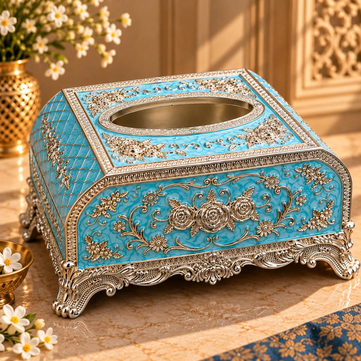Blue Floral Embossed Decorative Tissue Box Holder