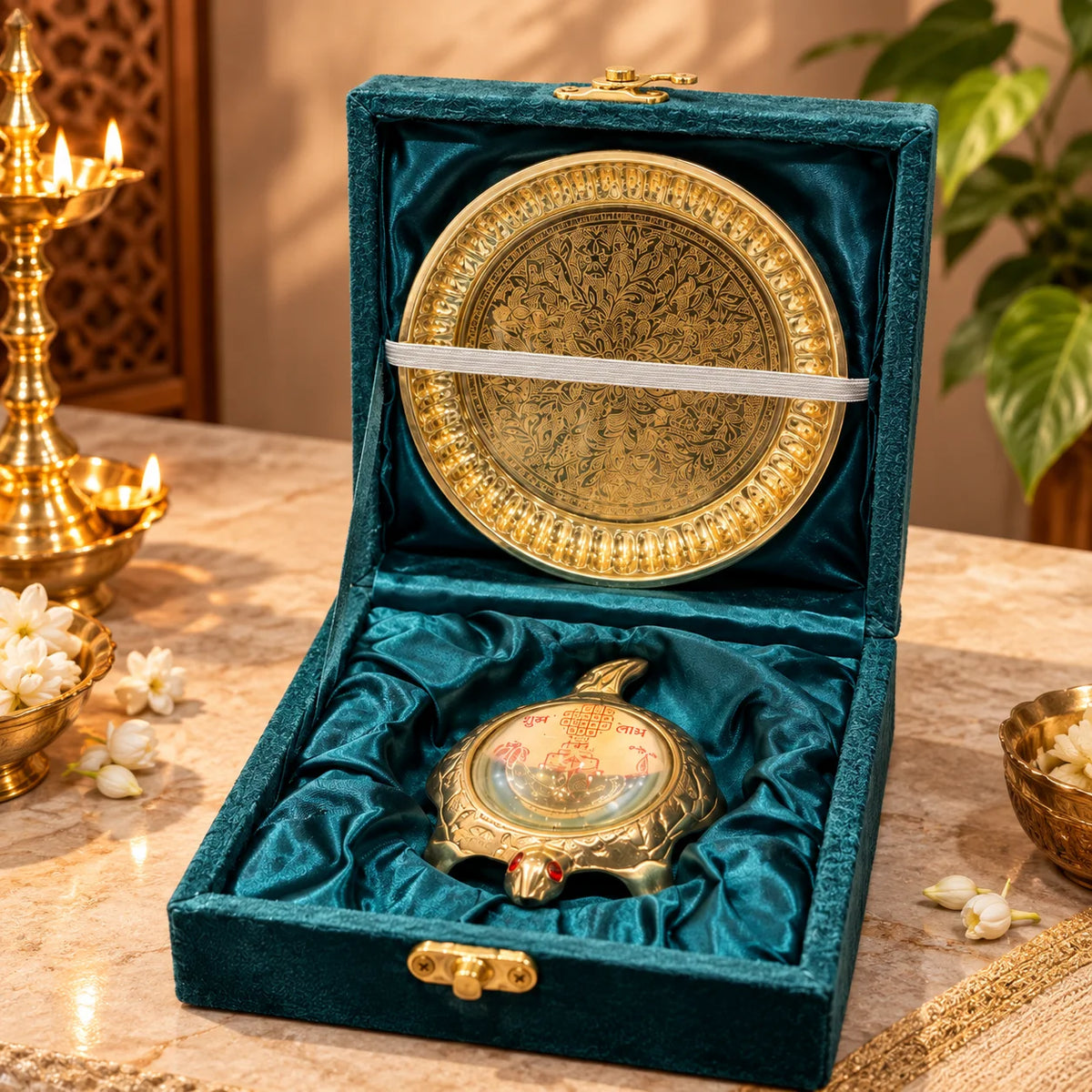 Brass Puja Thali Gift Set | Traditional Pooja Thali with Decorative Box