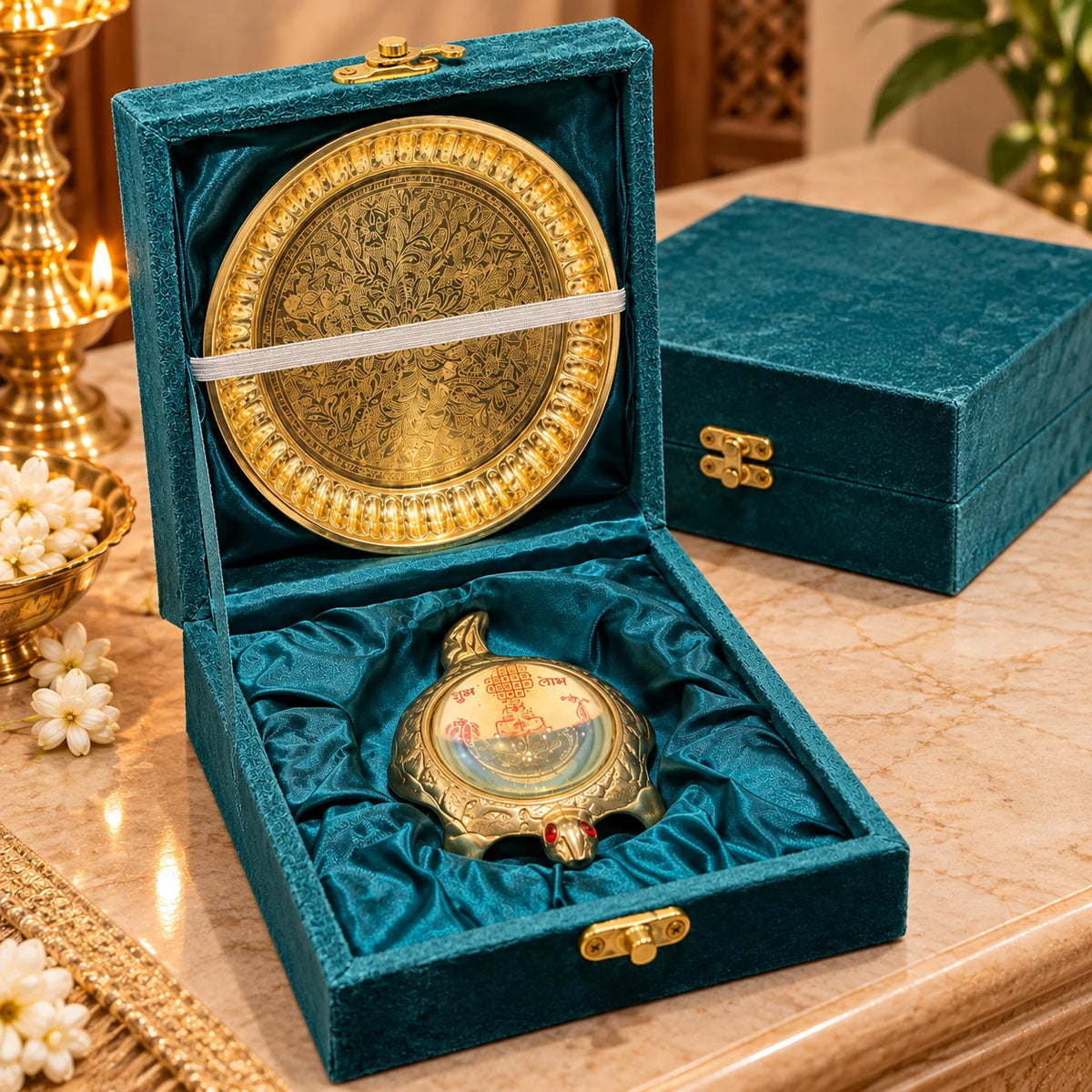 Brass Puja Thali Gift Set | Traditional Pooja Thali with Decorative Box