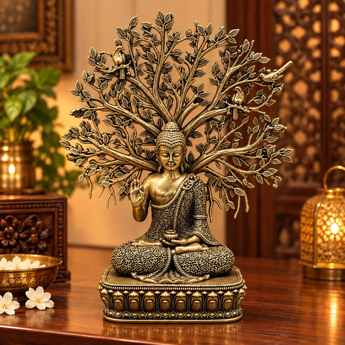 Antique Gold Buddha Under Bodhi Tree Decorative Statue