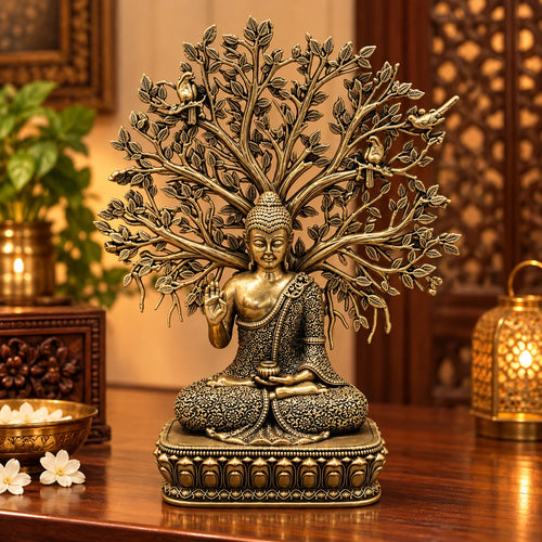 Antique Gold Buddha Under Bodhi Tree Decorative Statue