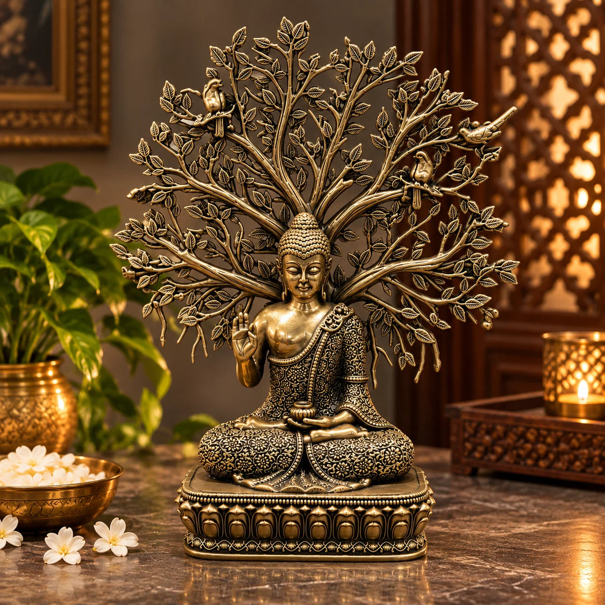 Antique Gold Buddha Under Bodhi Tree Decorative Statue