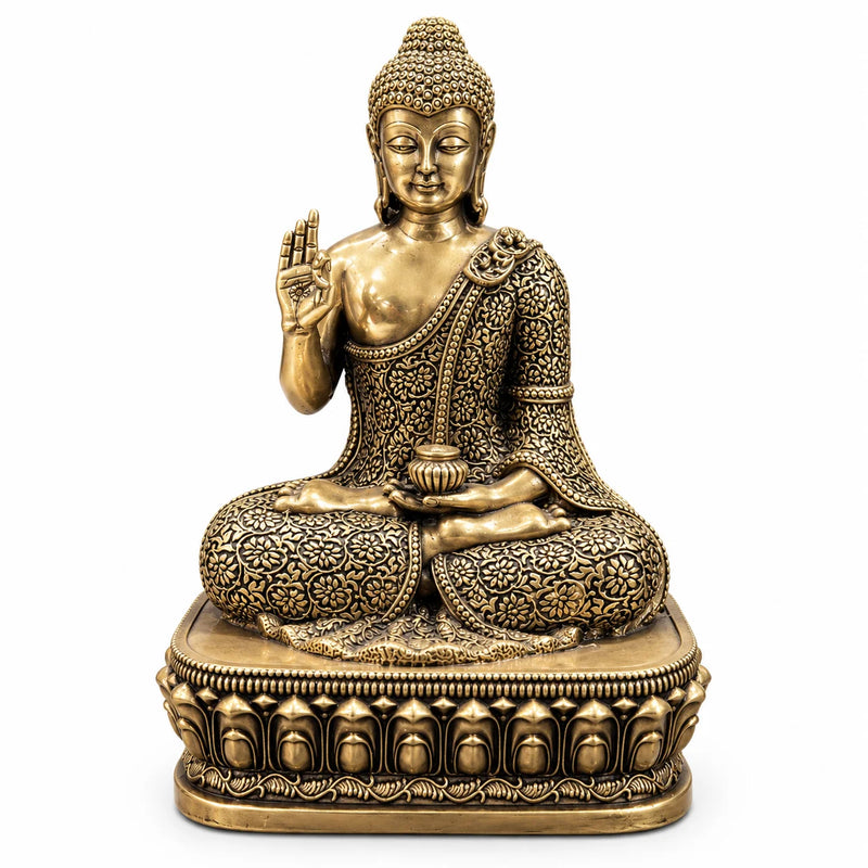 Antique Gold Meditating Buddha Statue with Ornate Lotus Base