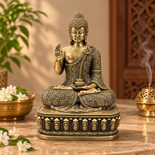Antique Gold Meditating Buddha Statue with Ornate Lotus Base