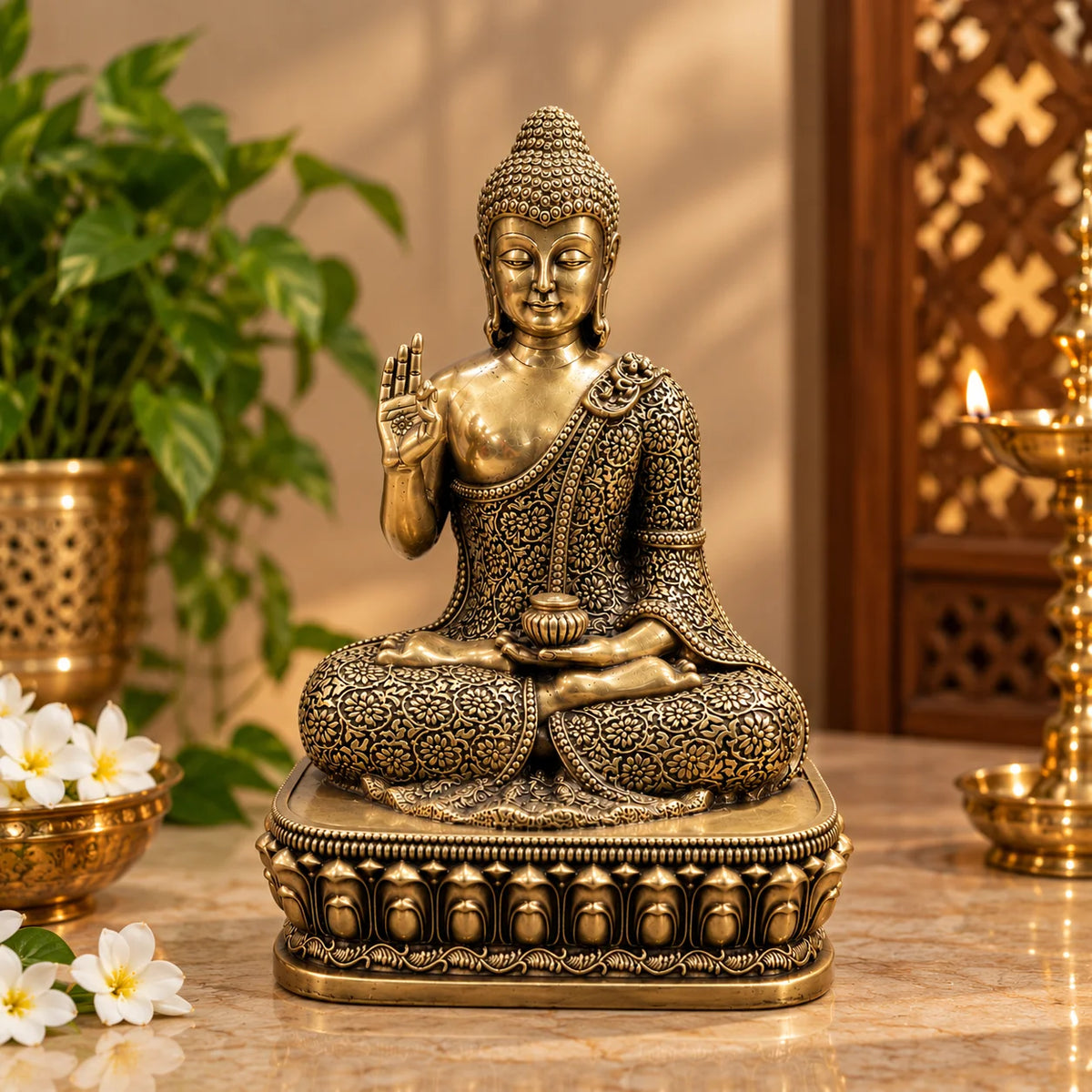 Antique Gold Meditating Buddha Statue with Ornate Lotus Base
