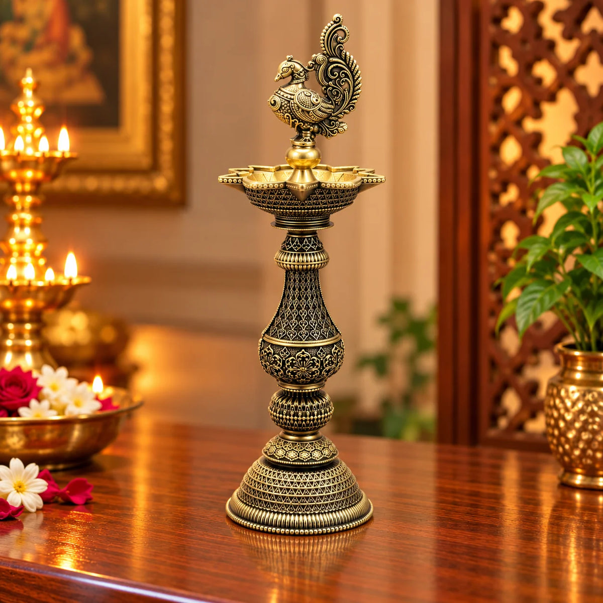 Antique Brass Peacock Diya Stand with Intricate Traditional Carving