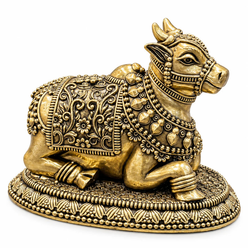 Antique Gold Nandi Bull Statue with Ornate Decorative Base