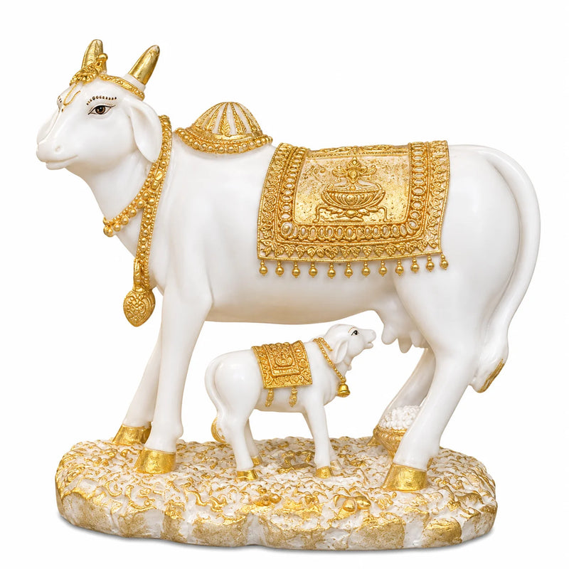 White & Gold Kamdhenu Cow with Calf Idol - Decorative Hindu God Statue
