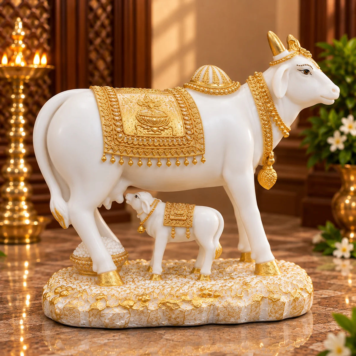 White & Gold Kamdhenu Cow with Calf Idol - Decorative Hindu God Statue