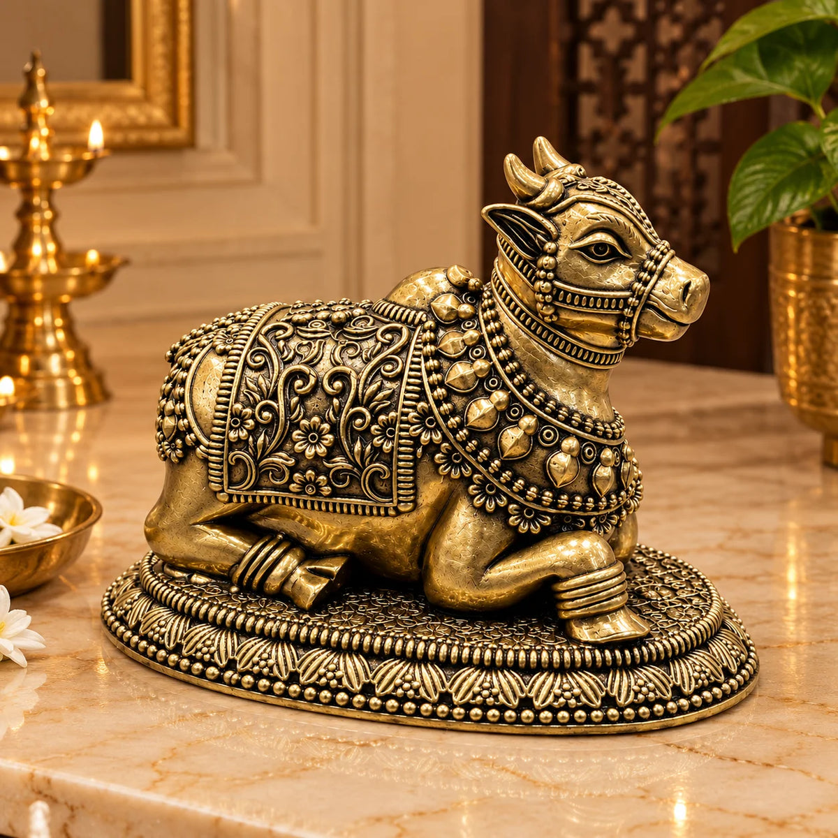 Antique Gold Nandi Bull Statue with Ornate Decorative Base