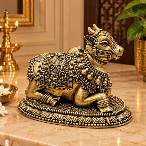 Antique Gold Nandi Bull Statue with Ornate Decorative Base