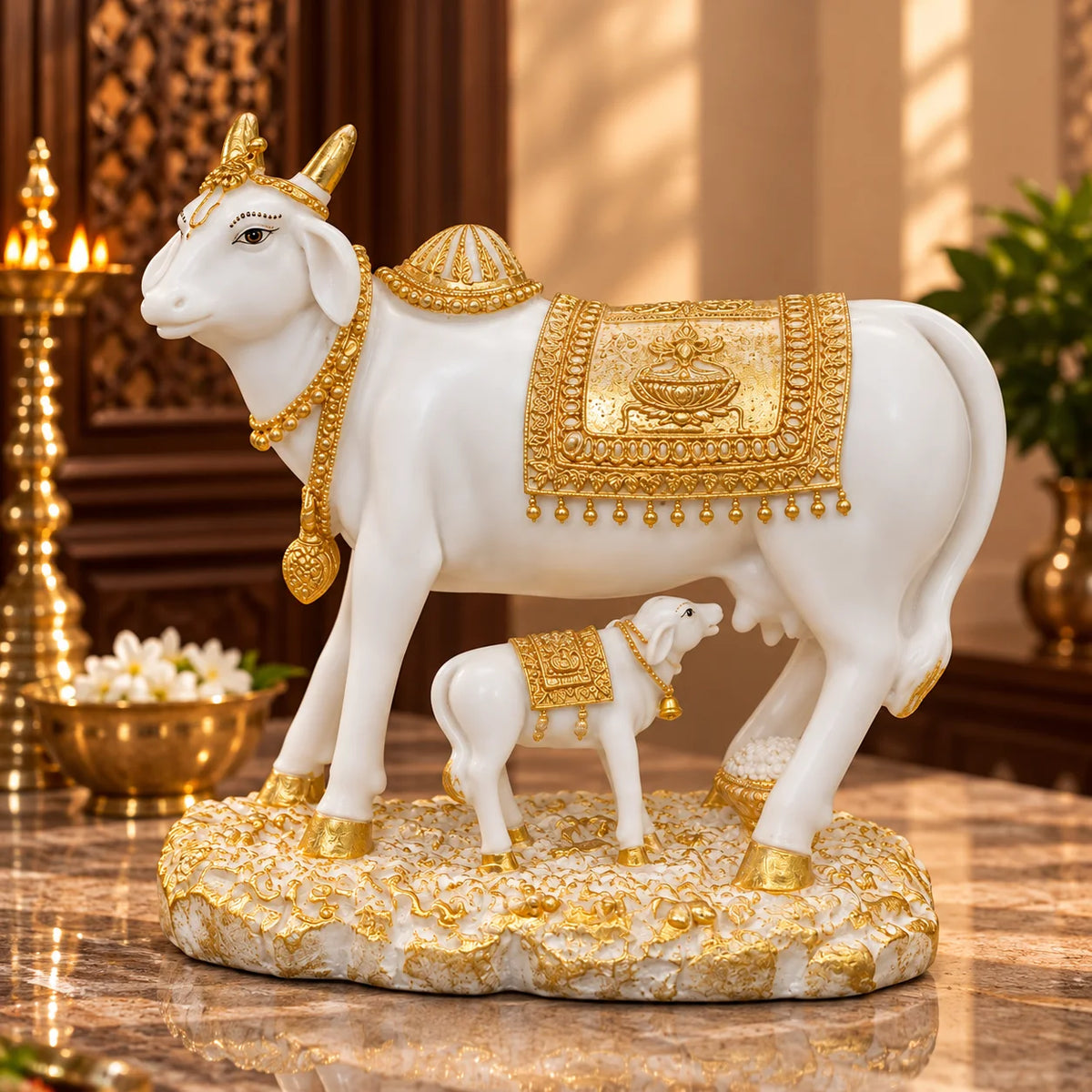 White & Gold Kamdhenu Cow with Calf Idol - Decorative Spiritual Showpiece