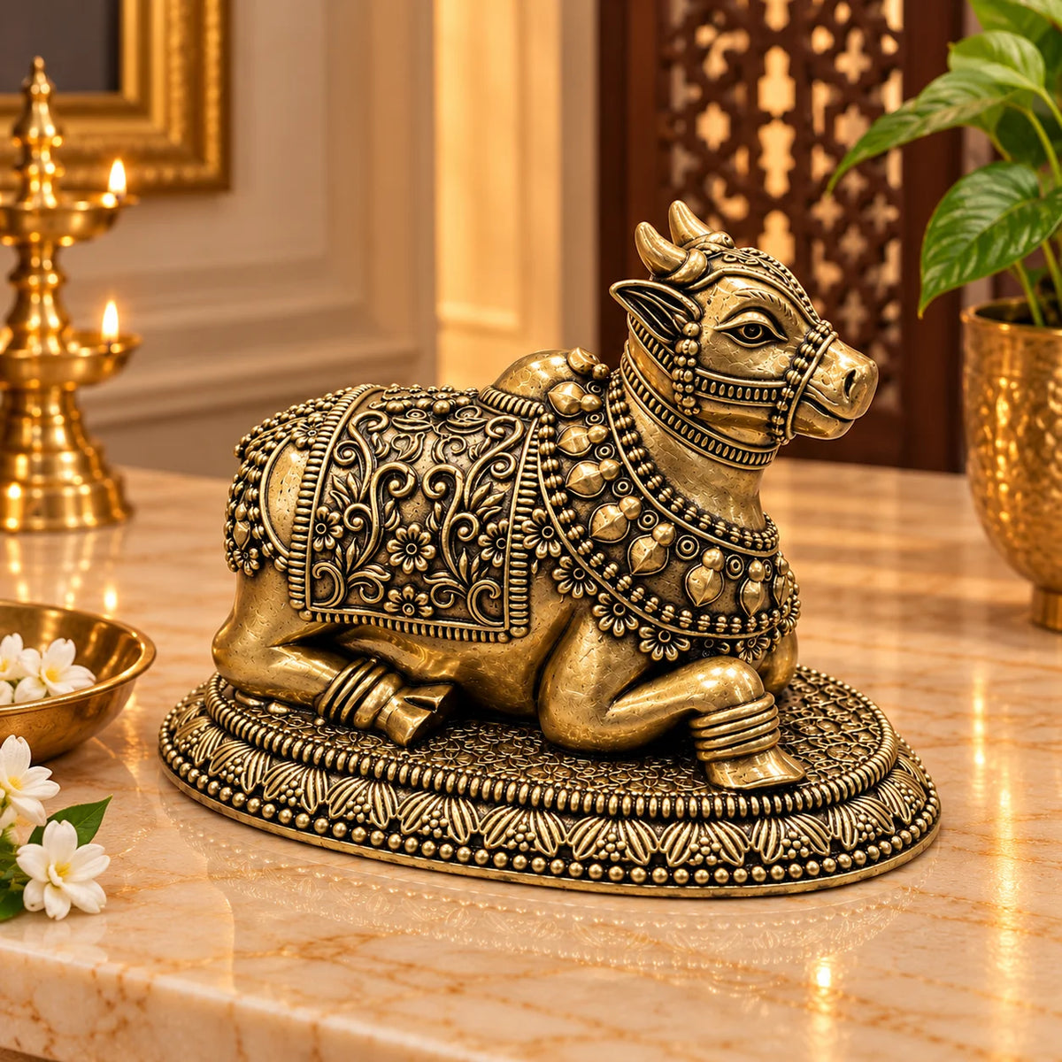 Antique Gold Nandi Bull Statue with Ornate Decorative Base