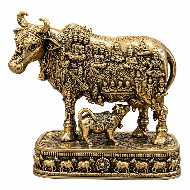 Antique Gold Kamdhenu Cow with Calf Decorative Statue