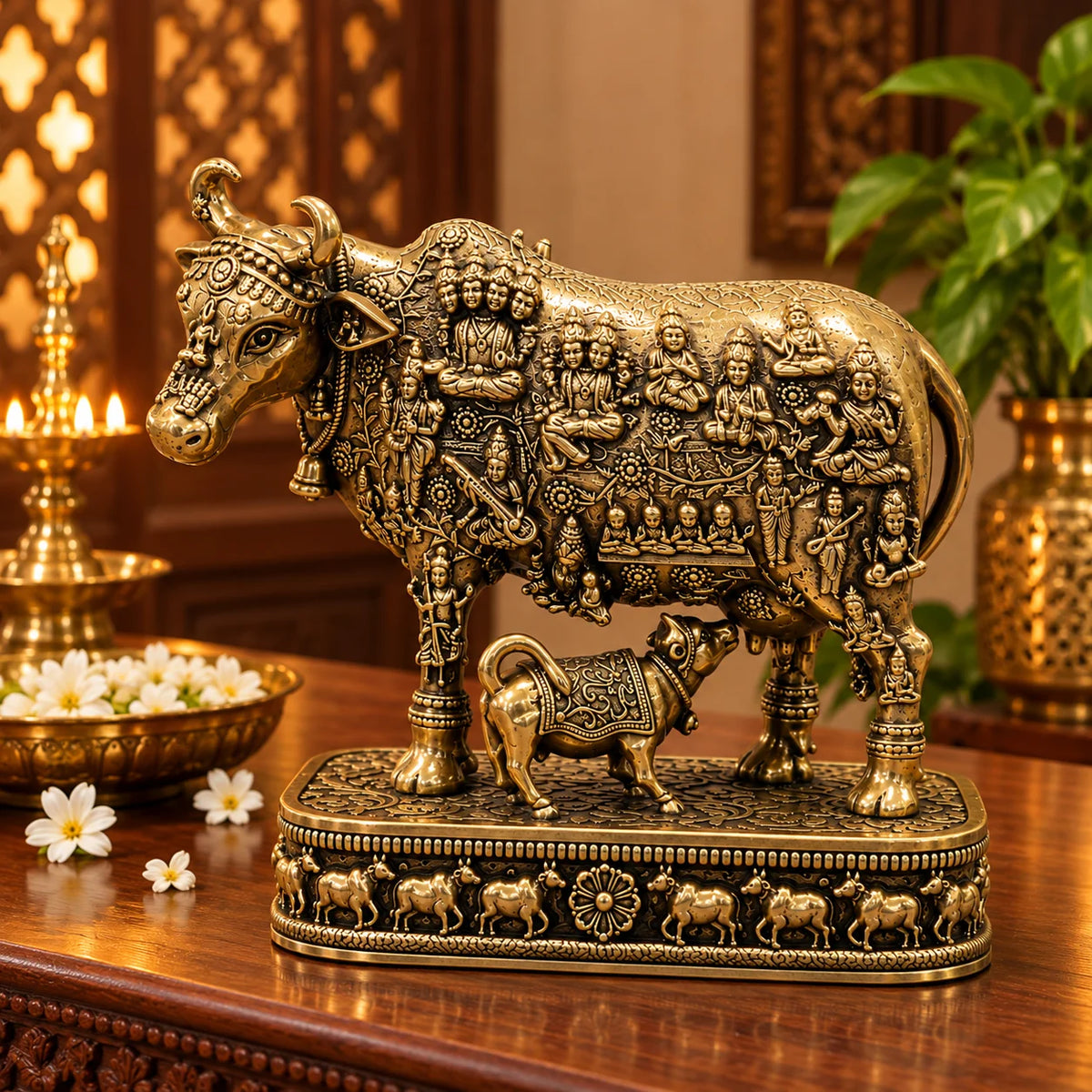 Antique Gold Kamdhenu Cow with Calf Decorative Statue