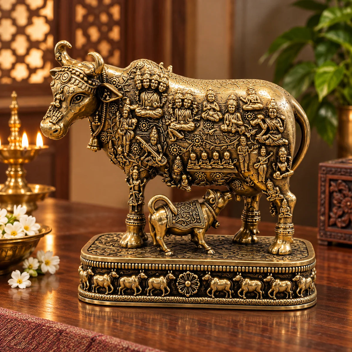 Antique Gold Kamdhenu Cow with Calf Decorative Statue