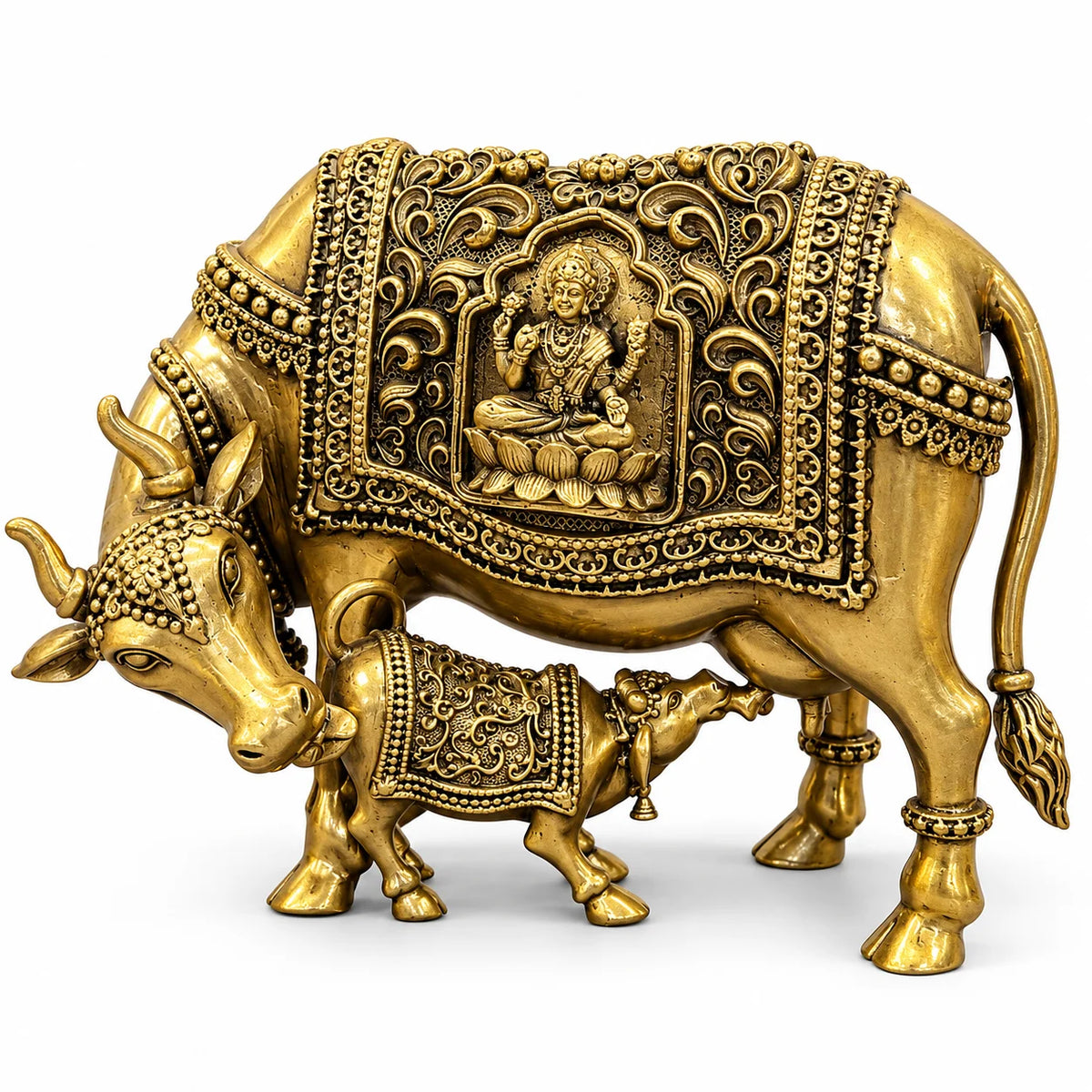 Antique Gold Cow and Calf Statue with Intricate Decorative Detailing