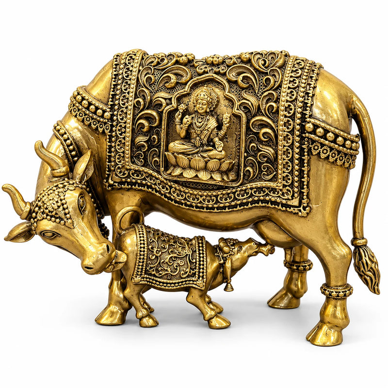 Antique Gold Cow and Calf Statue with Intricate Decorative Detailing