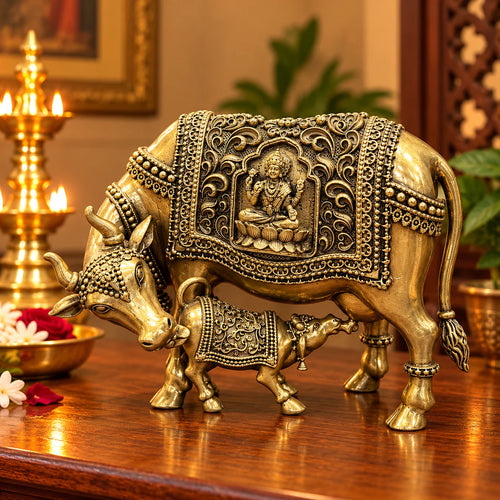 Antique Gold Cow and Calf Statue with Intricate Decorative Detailing
