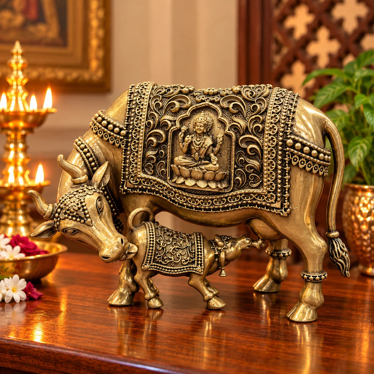 Antique Gold Cow and Calf Statue with Intricate Decorative Detailing