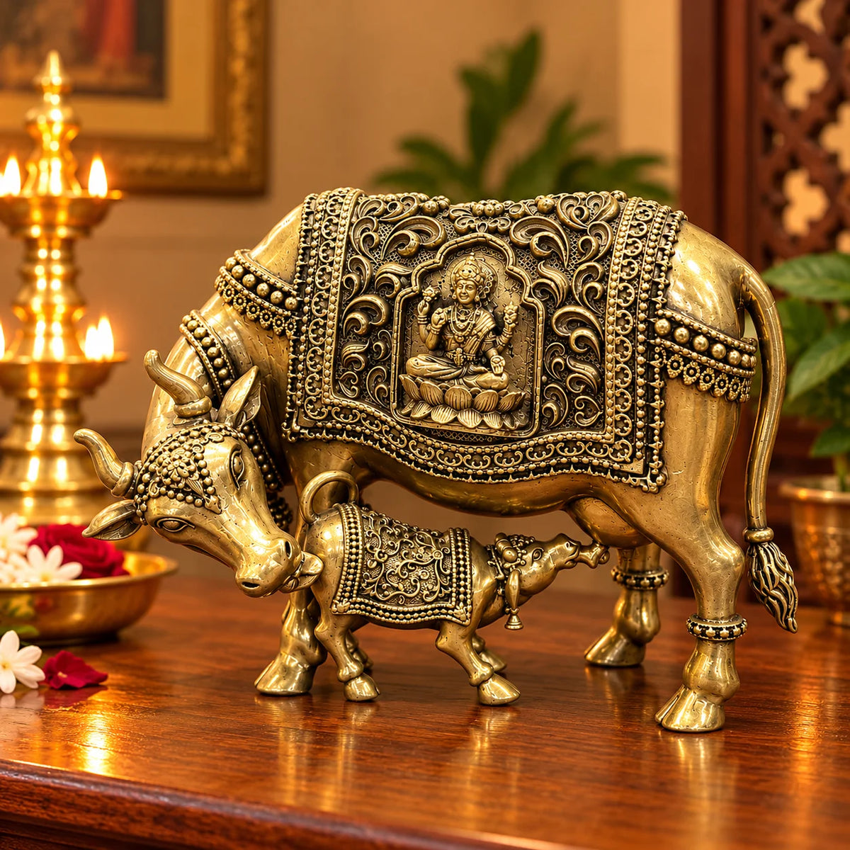 Antique Gold Cow and Calf Statue with Intricate Decorative Detailing