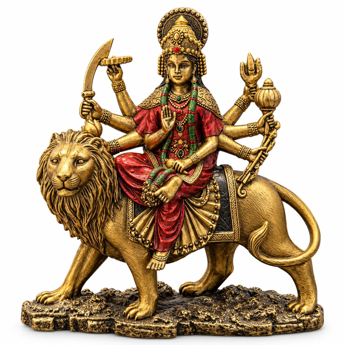 Antique Golden Maa Durga Statue with Lion for Home Temple Decor