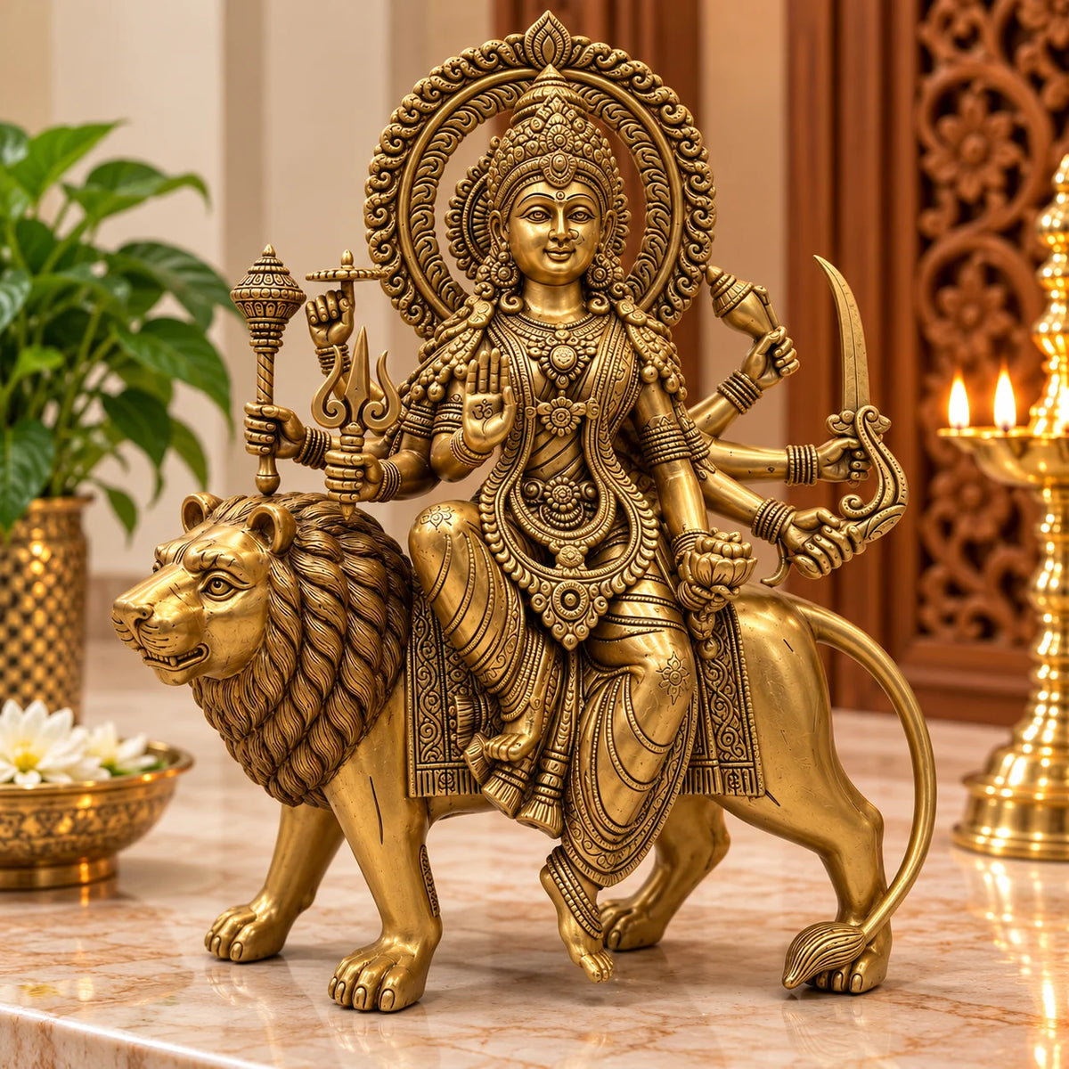Premium Antique Golden Maa Durga Statue with Lion