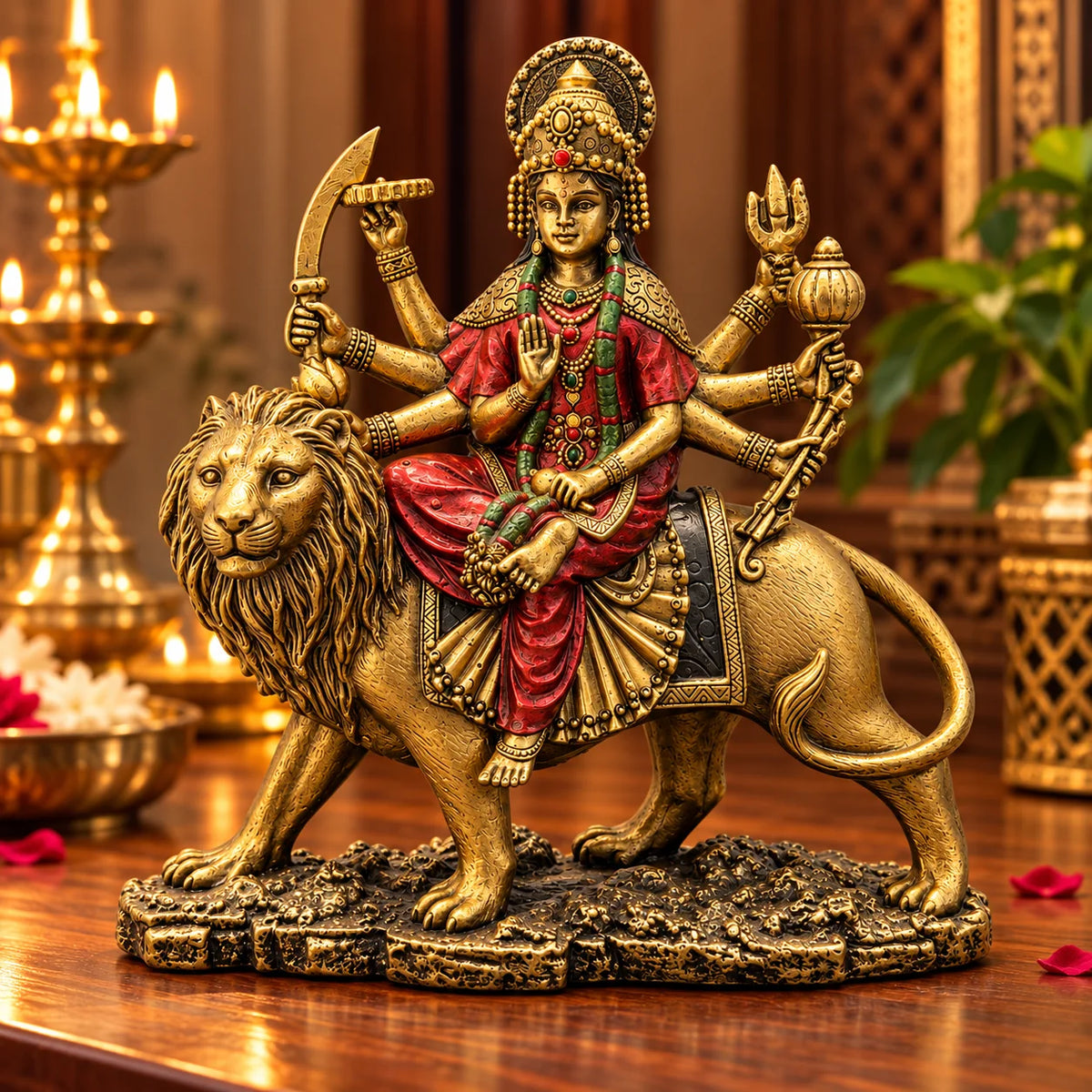Premium Antique Golden Maa Durga Statue with Lion
