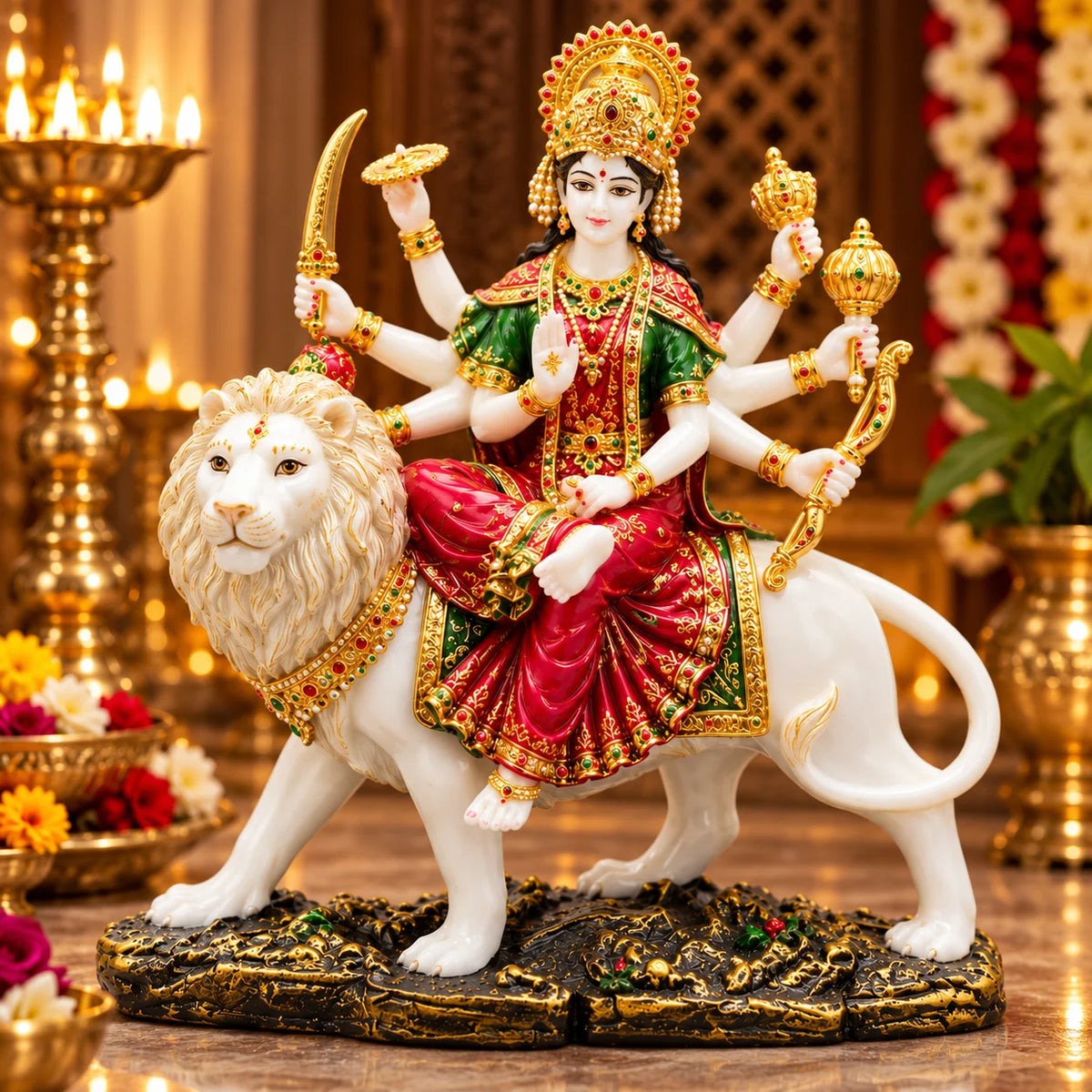 White Goddess Durga Statue on Lion | Traditional Hindu Idol for Home & Temple Decor - 2799