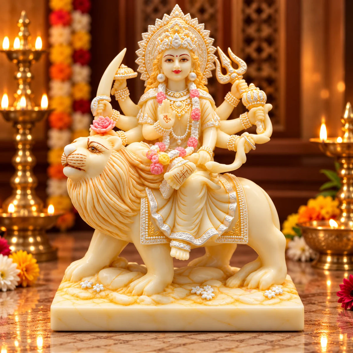 White Goddess Durga Statue on Lion | Elegant Hindu Idol for Home & Pooja Decor