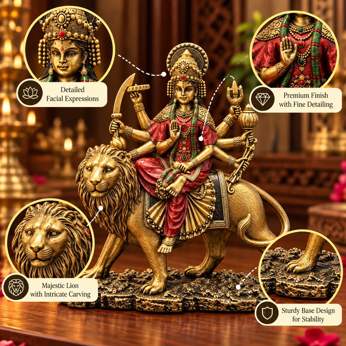 Premium Antique Golden Maa Durga Statue with Lion