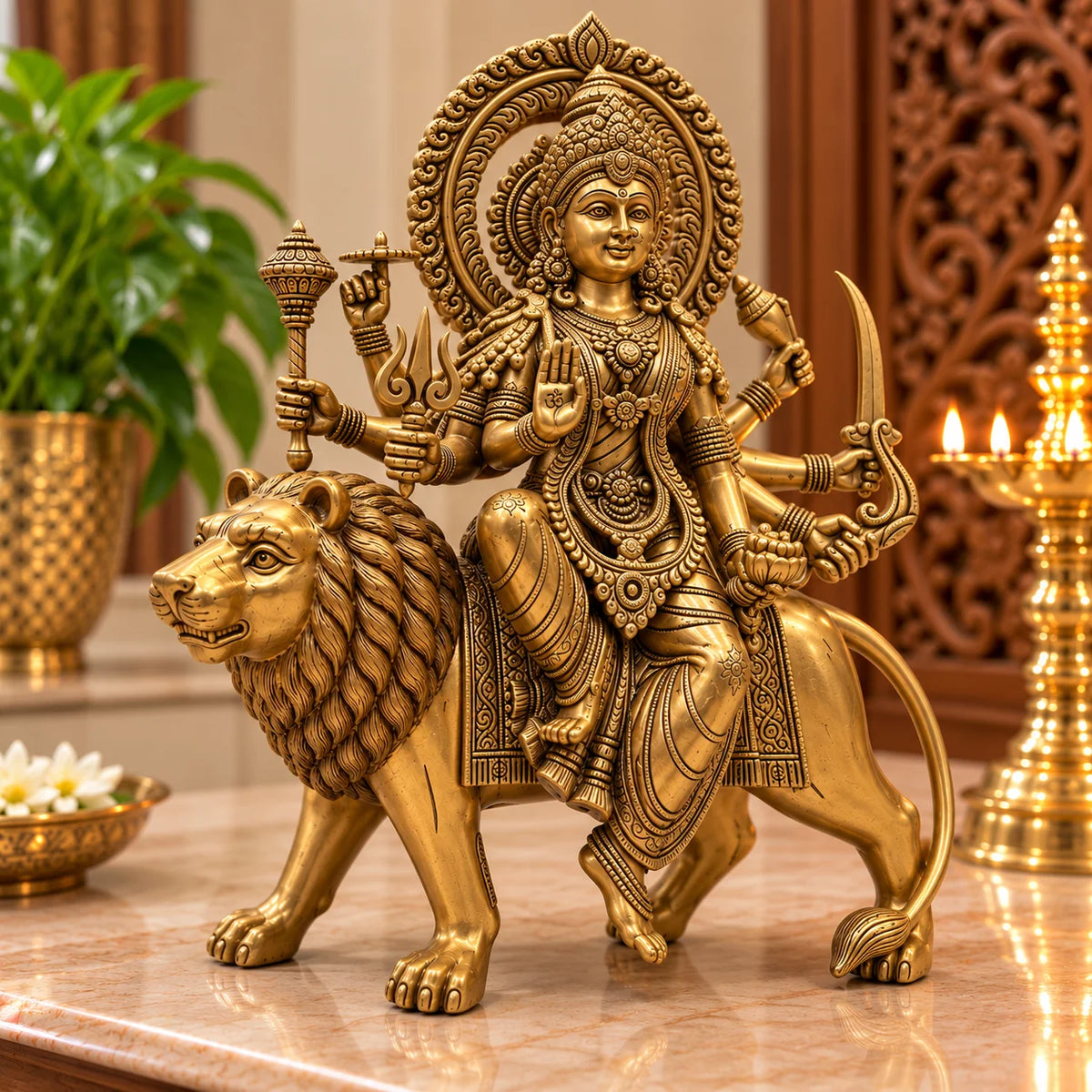 Premium Antique Golden Maa Durga Statue with Lion