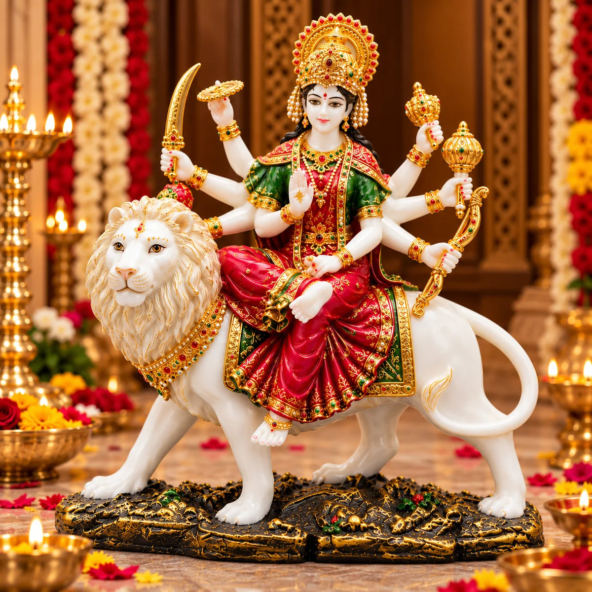 White Goddess Durga Statue on Lion | Traditional Hindu Idol for Home & Temple Decor