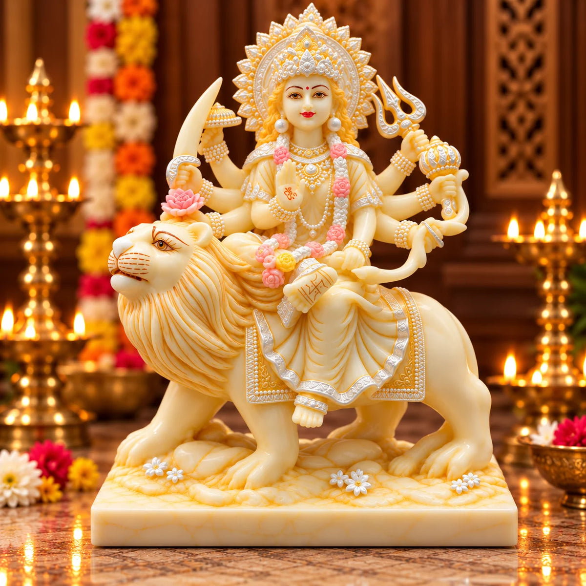 White Goddess Durga Statue on Lion | Elegant Hindu Idol for Home & Pooja Decor