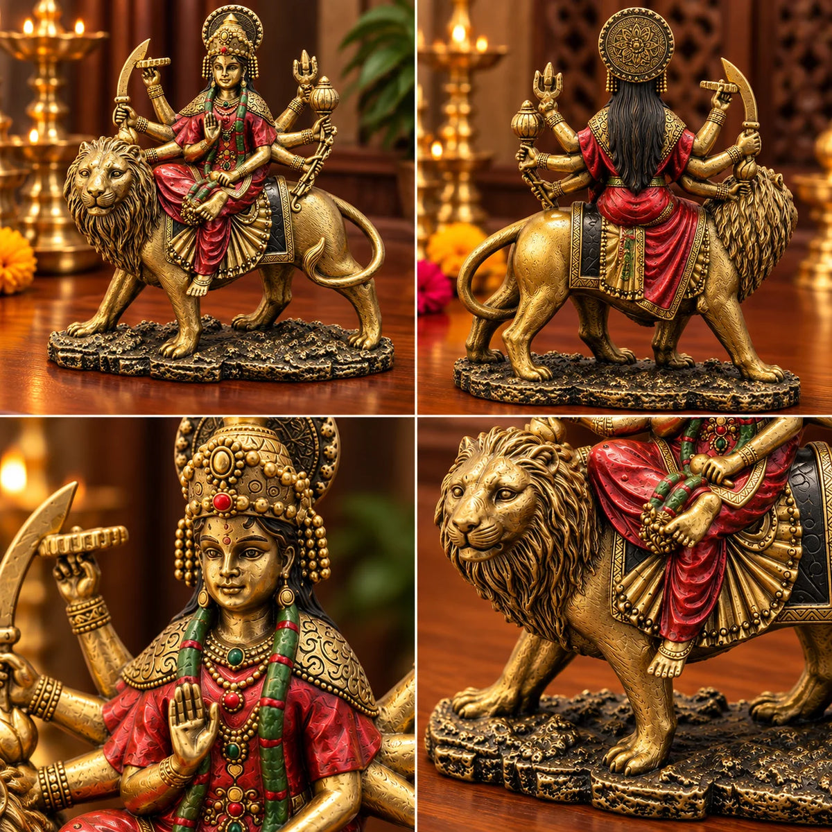 Antique Golden Maa Durga Statue with Lion for Home Temple Decor
