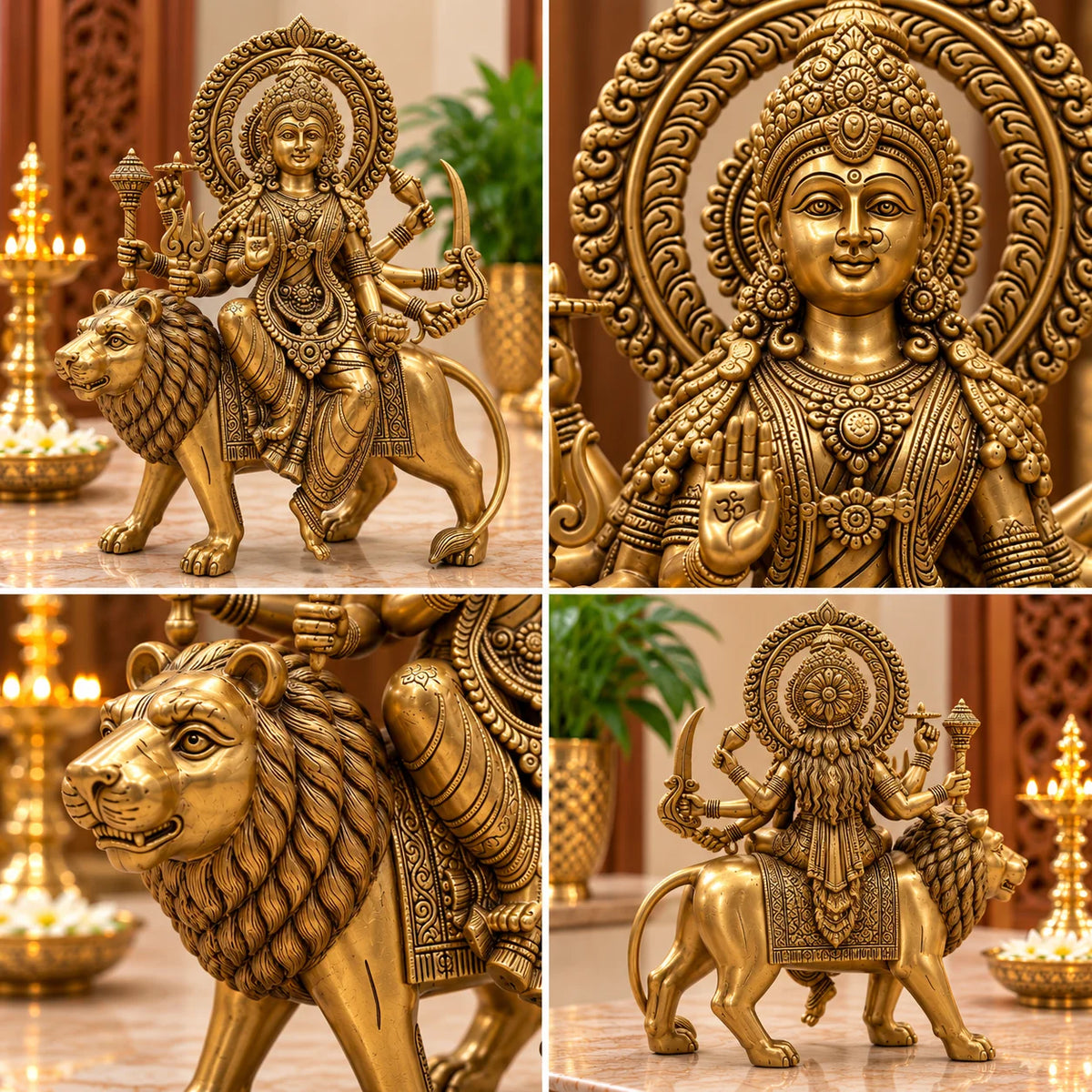 Premium Antique Golden Maa Durga Statue with Lion
