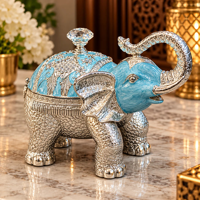 Blue Elephant Decorative Jewellery Box with Silver Finish