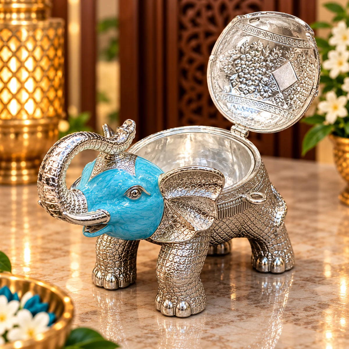 Blue Elephant Decorative Jewellery Box with Silver Finish