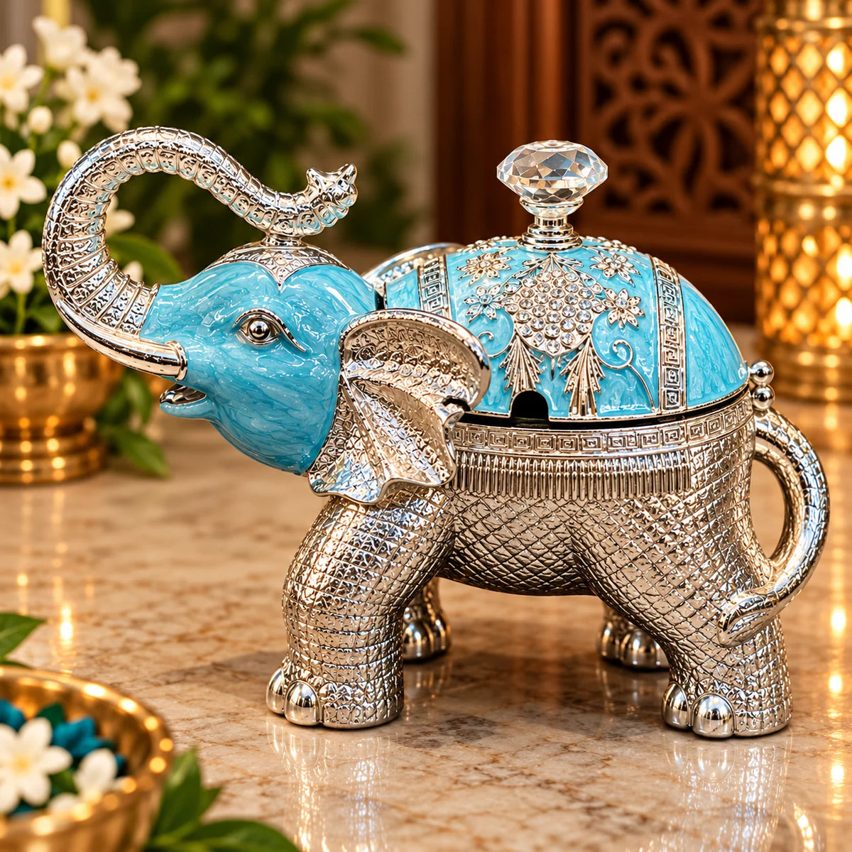 Blue Elephant Decorative Jewellery Box with Silver Finish