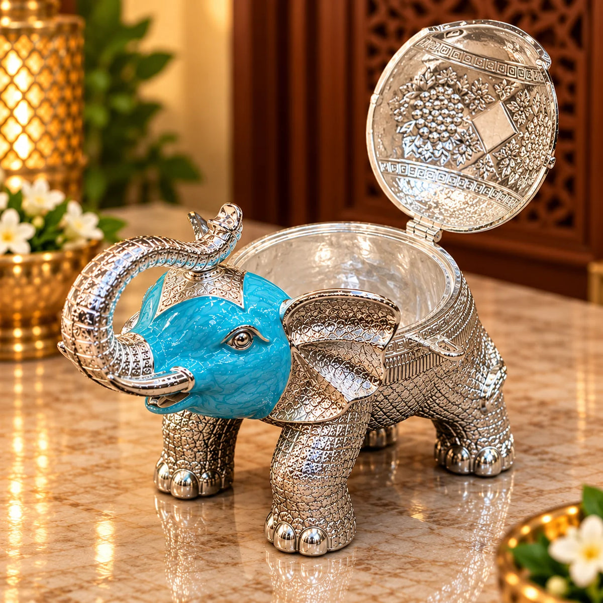 Blue Elephant Decorative Jewellery Box with Silver Finish