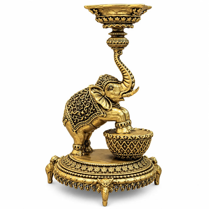 Antique Gold Elephant Candle Holder with Ornate Decorative Base