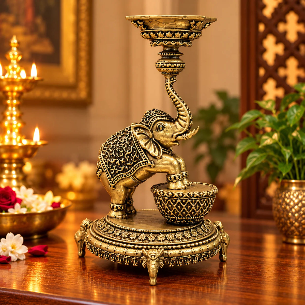 Antique Gold Elephant Candle Holder with Ornate Decorative Base
