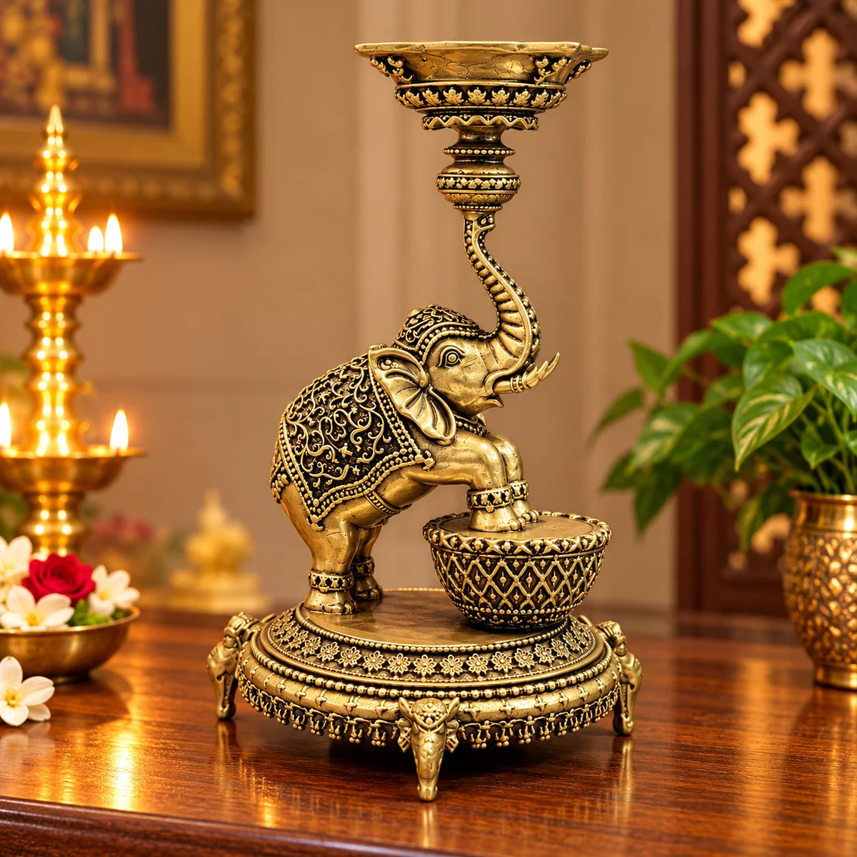 Antique Gold Elephant Candle Holder with Ornate Decorative Base