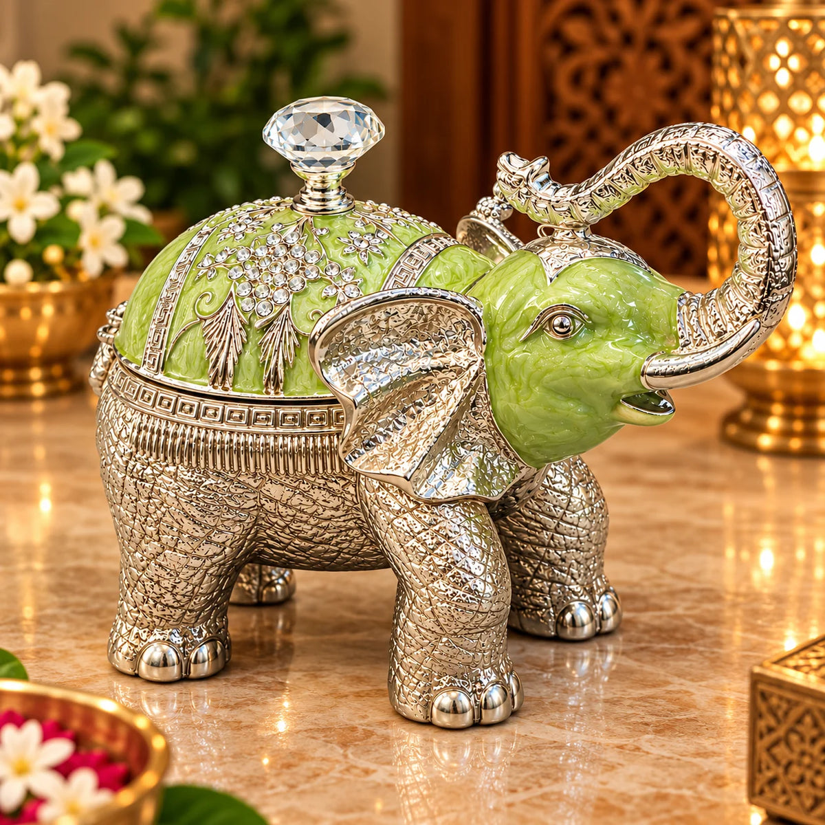 Green Elephant Decorative Jewellery Box with Silver Finish