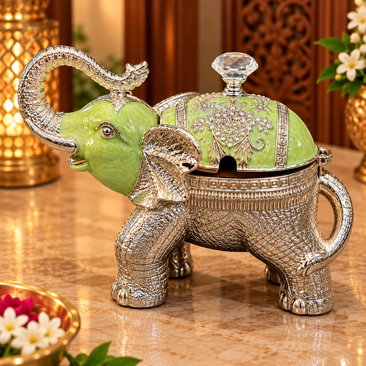 Green Elephant Decorative Jewellery Box with Silver Finish