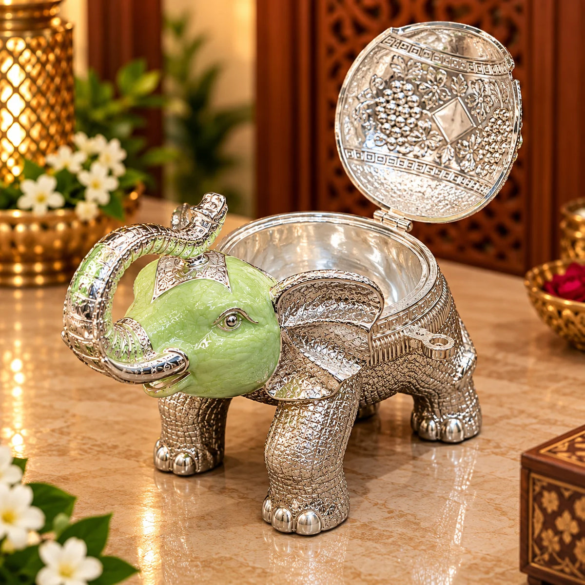 Green Elephant Decorative Jewellery Box with Silver Finish