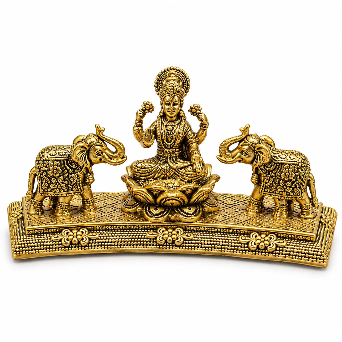 Antique Brass Goddess Lakshmi Statue with Elephants – Traditional Decorative Idol
