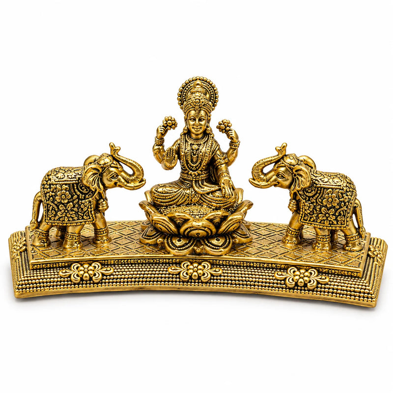 Antique Brass Goddess Lakshmi Statue with Elephants – Traditional Decorative Idol