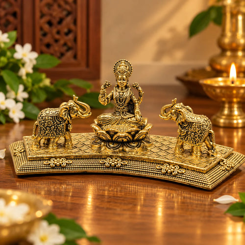 Antique Brass Goddess Lakshmi Statue with Elephants – Traditional Decorative Idol